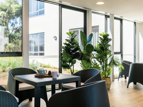 BAPTCARE COASTHAVEN view of winter garden looking out into the garden through floor to ceiling windows