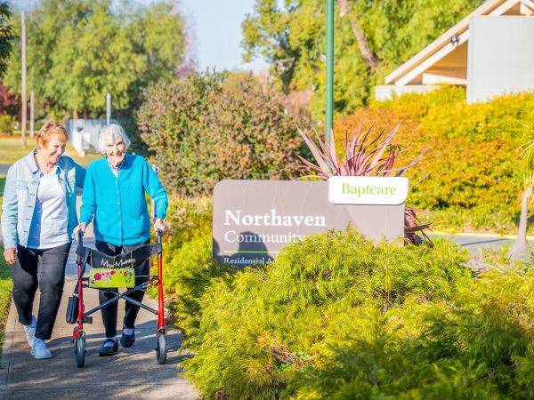 BAPTCARE NORTHAVEN Resident mother and her daughter taking a walk at front entrance