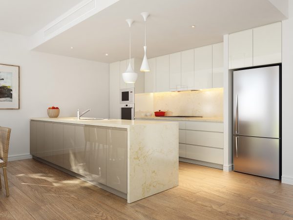 Architectural render of kitchen at Baptcare Strathalan Retirement Living apartments