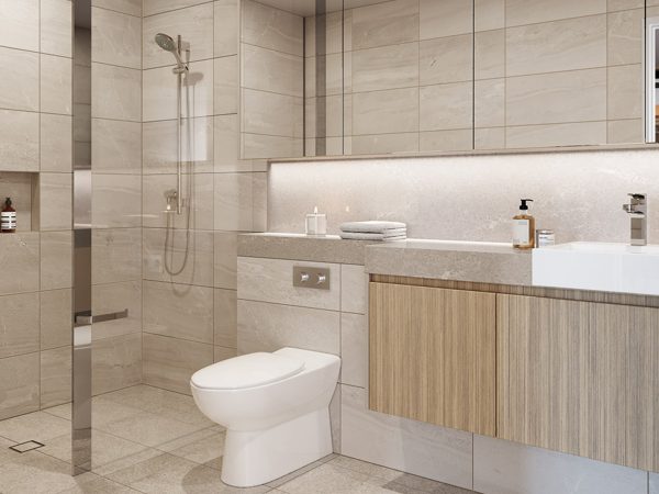 Architectural render of bathroom ensuite at Baptcare Strathalan Retirement Living apartments