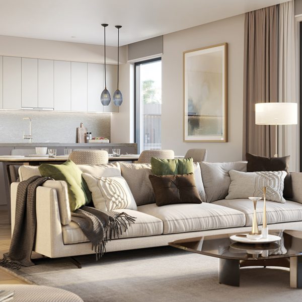 Architectural render of living room at Baptcare Strathalan Retirement Living apartments