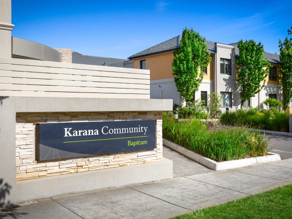 View of outdoor front entrance of hub at Karana Retirement Living