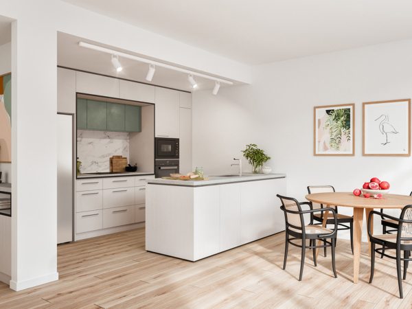 Architectural render of an apartment kitchen and dining area at Peninsula View Retirement Living