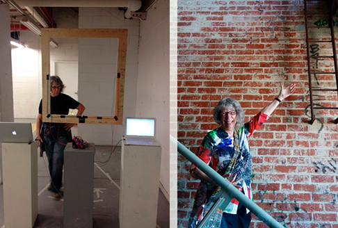 Pictures of Carol: one depicting her hanging out with a hanging picture frame, the other is of her showing off a ladder attached to the red-brick wall.