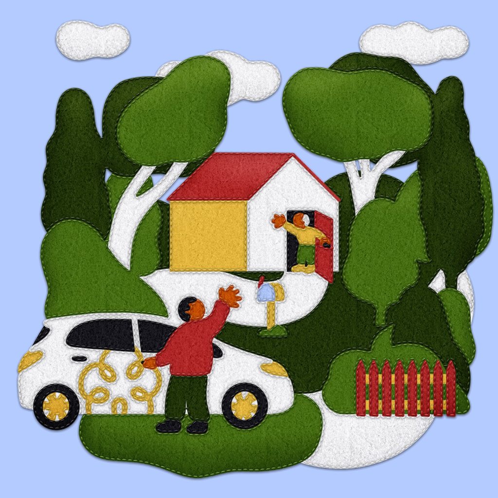 Illustration of two people waving to each other. One in their doorway, and one exiting a car with the BaptistCare logo.